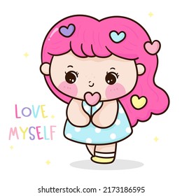 Ama a ti misma chica con flor de corazón sintiéndose querido gesto tímido. Serie: Girly me tiempo, autocuidado, tómate un descanso. Caricatura feliz para niños con salud mental. Vector kawaii con energía positiva. Dibujado a mano.