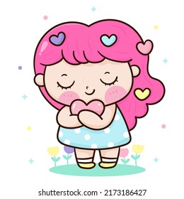 Love yourself girl hug heart. Series: Girly me time, Self care, take a break. Mental health children happy cartoon. Kawaii vector with Positive energy. Hand drawn illustrations, flat designs.