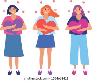 Love yourself, girl hugs heart. Narcissistic, self-confident people, increase self-esteem. Valentine's day, in love. Vector illustration