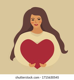 Love yourself, girl hugs heart. self-confident people, increase self-esteem. Valentine's day, in love. Vector illustration.