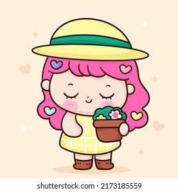 Love yourself girl plant flower. Girly me time, Self care, take a break. Mental health children happy cartoon. Kawaii vector with Positive energy. Hand drawn illustrations, flat designs.