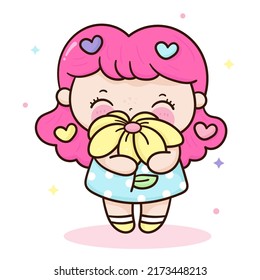 Love yourself girl with pretty flower feeling loved shy gesture. Series: Girly me time, Self care, take a break. Mental health children happy cartoon. Kawaii vector with Positive energy. Hand drawn.