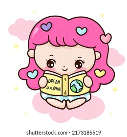 Love yourself girl read journal. Series: Girly me time, Self care, take a break. Mental health children happy cartoon. Kawaii vector with Positive energy. Hand drawn illustrations, flat designs.