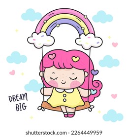 Love yourself girl swing rainbow feeling loved dream big. Series: Girly me time, Self care, take a break. Mental health children happy cartoon. Kawaii vector with Positive energy. Hand drawn.