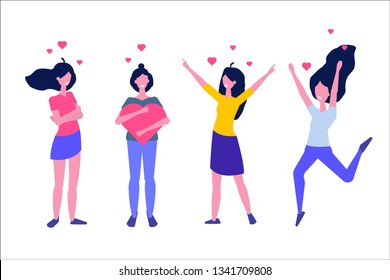 Love Yourself Girls. Narcissistic, self-confident flat style concept. Vector characters illustration