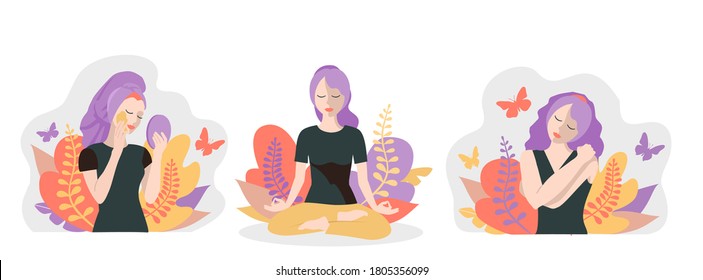 Love yourself Girls set. Vector lifestyle concept card. Motivation to take time for yourself: cosmetic procedures, created, do yoga. Cartoon colorful flat style illustration 