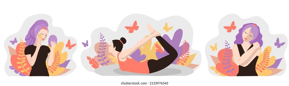 Love yourself Girls set. Vector lifestyle concept card. Motivation to take time for yourself: cosmetic procedures, created, do yoga. Cartoon colorful flat style illustration 