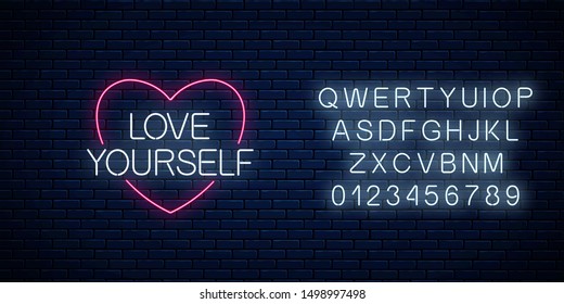 Love yourself - glowing neon inscription phrase with alphabet on dark brick wall background. Motivation quote in neon style. Vector illustration.