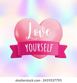 Love yourself greeting card concept. Valentine's day banner template. Cute realistic 3d heart, ribbon and text on holographic gradient background. Trendy cartoon 3d Valentines motivational design.