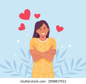 Love yourself. Groomed beautiful woman hugging herself. Love your body concept. Girls Healthcare Skincare. Take time for your self. Vector illustration