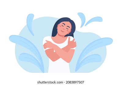 Love yourself. Groomed beautiful woman hugging herself. Love your body concept. Girls Healthcare Skincare. Take time for your self. Vector illustration