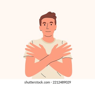 Love yourself. Hand drawn flat design man cartoon character self hug illustration