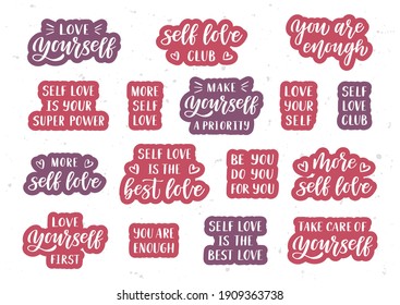 Love yourself hand drawn lettering set. Self care quotes. Template for, banner, poster, flyer, greeting card, web design, print design. Vector illustration.