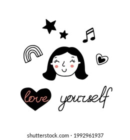 Love yourself. Happy girl with different elements around on white background. Line doodle style. 