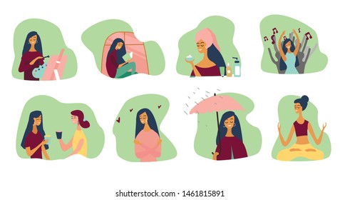 Love yourself and happy lifestyle concept . Big Set of Girls or women who take time for your self: read books, go to events, create, be positive, do yoga, healthcare, skincare. Vector illustration. 