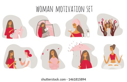 Love yourself. Happy lifestyle concept. Girl or woman take time for your self: read books, go to events, create, be positive, do yoga, healthcare, skincare. Vector iliustration