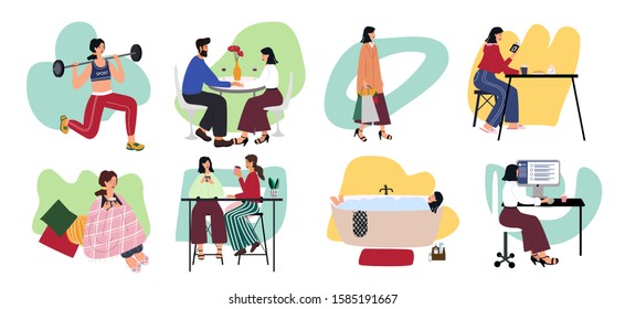 Ama a ti mismo y el concepto de estilo de vida feliz. Gran grupo de chicas o mujeres que se toman el tiempo para uno mismo: leer libros, ir a citas, trabajar, ir de compras, relajarse, cuidar la salud, conocer amigos. Ilustración vectorial. 