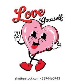 Love Yourself - Happy Valentine's Day illustration with dental symbols. Funny retro love greeting card with vintage cartoon molar character in groovy 70s retro style.