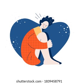 Love yourself. Happy Winter Hug day greeting card. Illustration of Valentines day. Embrace and smile. Girl self hugs flat vector postcard with female character isolated on white background