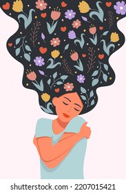 Love yourself,  harmony creative concept. Woman with flowers in hair stands closed eyes and hugs herself. vector illustrations