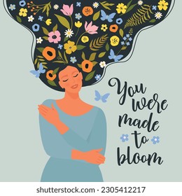 Love yourself, harmony creative concept. Woman with flowers in hair sits closed eyes and hugs herself. Vector illustration