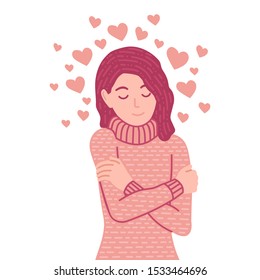 Love yourself illustration. Smiling attractive, calm woman hugs herself with hearts on white background.  young girl with enjoying emotion. Concept vector illustration in cartoon flat style.