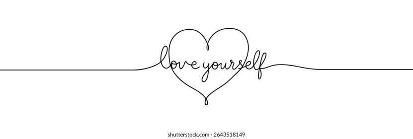 Love yourself inscription continuous one line drawing with word. Minimalistic drawing of phrase illustration.