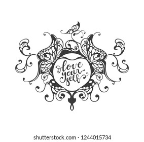 Love yourself  inspirational  hand drawn lettering text in ornate heart frame with butterfly wings, calligraphy vector illustration

