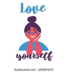 Love yourself insspirational and motivational text. Young attractive grunge modern girl in eyeglasses with high beam haircut. Stylish youth. Believe and stay yourself concept. Vector cartoon flat