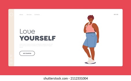 Love Yourself Landing Page Template. African American Plus Size Woman Dressed in Jeans Shorts and Slinky Top. Happy Girl Attractive Overweight Lady, Body Positive, Cartoon People Vector Illustration