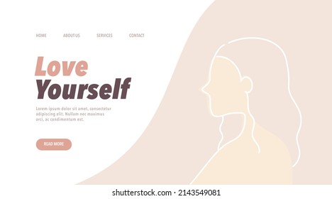 Love yourself landing web page template. Faceless Woman simple line art portrait. Natural Beauty, health care, Positive lifestyle, confidence concept. Flat Vector design isolated illustration.