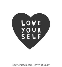 Love Yourself Lettering in Black Heart Doodle. Hand drawn Self Care Support Symbol. Psychology Psychotherapy icon logo Isolated vector illustration