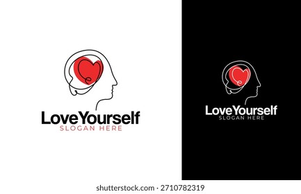 Love yourself logo design. Human head symbol with brain and heart concept for happy think icon. Mental health vector template