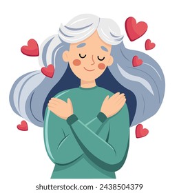 Love yourself. A lovely older woman hugging herself. Concept of loving your body. Flat illustration, vector