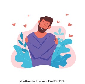 Love yourself men hugging herself with enjoying emotions vector illustration.  Happy smiling guy hugging herself narcissistic, self-confident. Self care body positive, healthcare, skincare concept