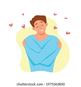 Love yourself men hugging herself with enjoying emotions vector illustration.  Happy smiling guy hugging herself narcissistic, self-confident. Self care body positive, healthcare, skincare concept