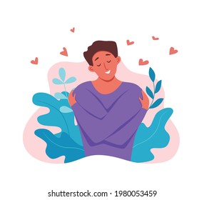 Love yourself men hugging herself with enjoying emotions vector illustration.  Happy smiling guy hugging herself narcissistic, self-confident. Self care body positive, healthcare, skincare concept