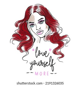 Love yourself more, handwritten quote, beautiful girl with long hair, doodle style watercolor illustration