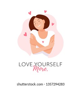 Love yourself more. Love your body concept. Girl Healthcare Skincare. Take time for your self. Vector illustration. Woman hugging herself with hearts on white background. Pastel pink cute soft colors
