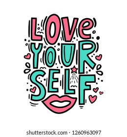 Love yourself - motivational quote. Modern brush pen lettering. Love yourself hand made color text. Handwritten printable design, trendy phrase for t-shirts, cards. Vector illustration.