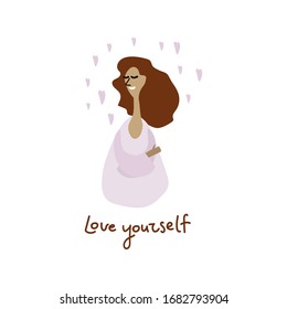 Love yourself. I love my body concept. Girl Health Skin Care. Take time for yourself. Vector illustration. Woman hugging with hearts on a white background. With a letter of love, love yourself. Pastel