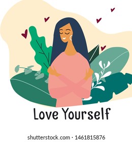 Love yourself. Narcissistic, self-confident girl hugged herself. Vector concept card or postcard with cute smiling young girl with hearts and plants. Cartoon colorful illustration.