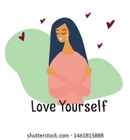 Love yourself. Narcissistic, self-confident girl hugged herself. Vector concept card or postcard with cute smiling young girl with hearts