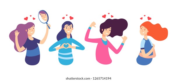 Love yourself. Narcissistic, self-confident people hugged themselves. Loving oneself men and women. Vector characters set