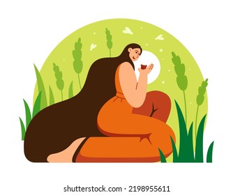 Love for yourself, nature and animals. Vector illustration of a girl in nature holding a little cute mouse.