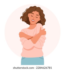 Love yourself. Nice young woman hugging herself. Love your body concept. Flat style illustration, vector