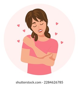 Love yourself. Nice young woman hugging herself. Love your body concept. Flat style illustration, vector