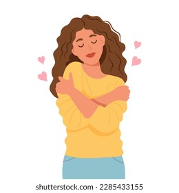 Love yourself. Nice young woman hugging herself. Love your body concept. Flat style illustration, vector