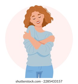 Love yourself. Nice young woman hugging herself. Love your body concept. Flat style illustration, vector