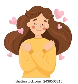 Love yourself. Nice young woman hugging herself. Love your body concept. Flat style illustration, vector